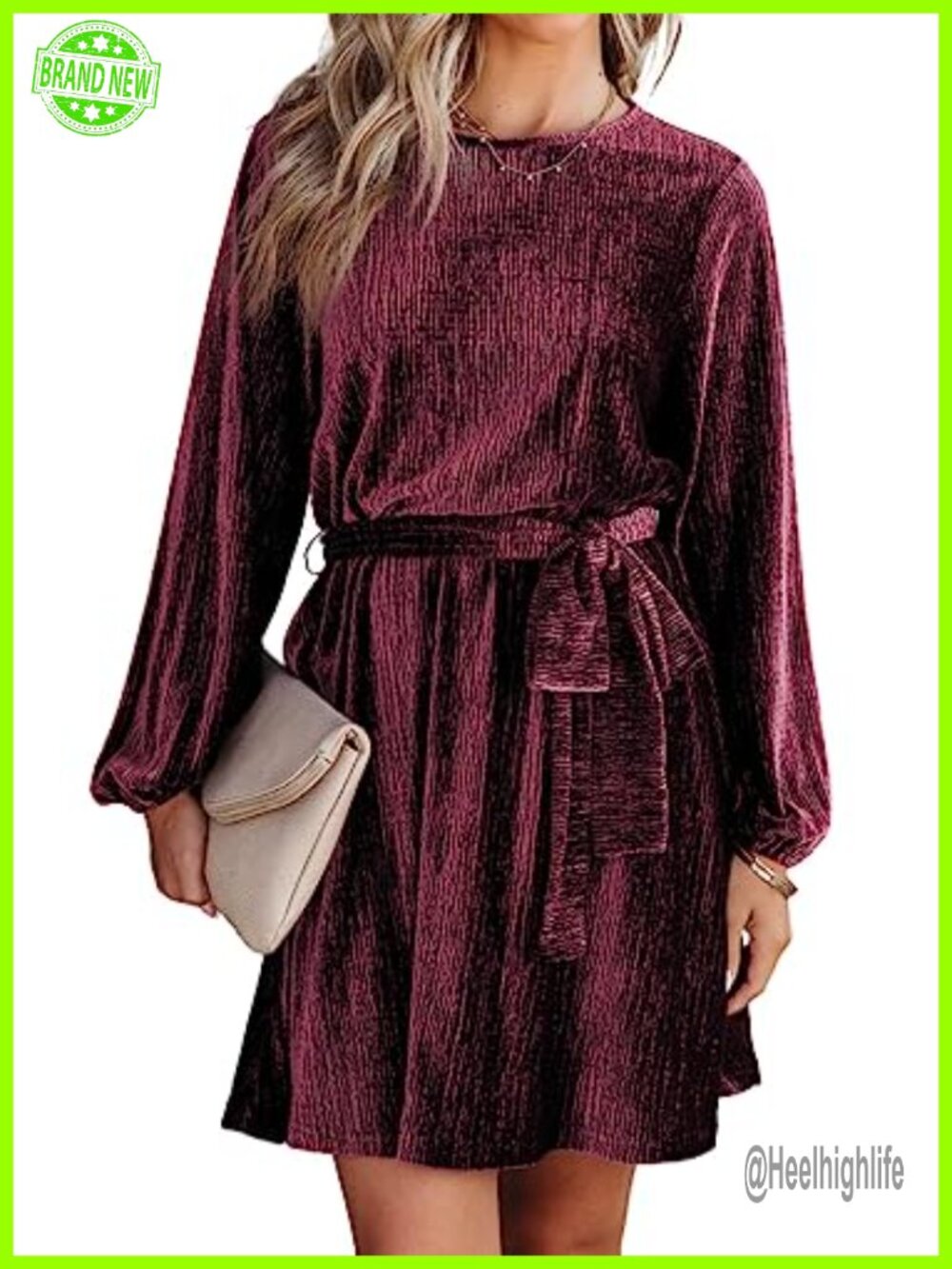 Velvet Long Lantern Sleeve High Waist A-Line Mini Dress with Belt